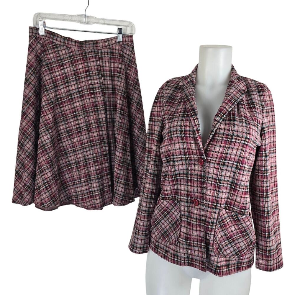 Vintage Ko Ko Knits Pink Plaid Flare Skirt and Blazer Women's 8